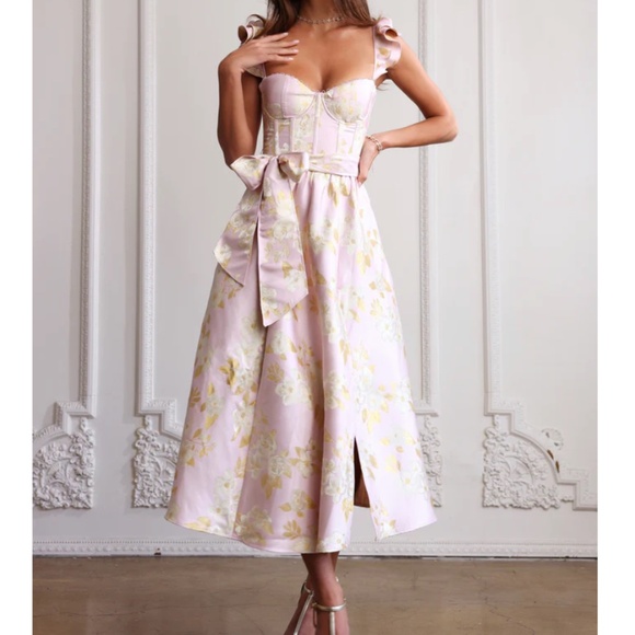 V. CHAPMAN VERA RUFFLE-STRAP CORSET SIDE-SLIT MIDI DRESS - Picture 1 of 4